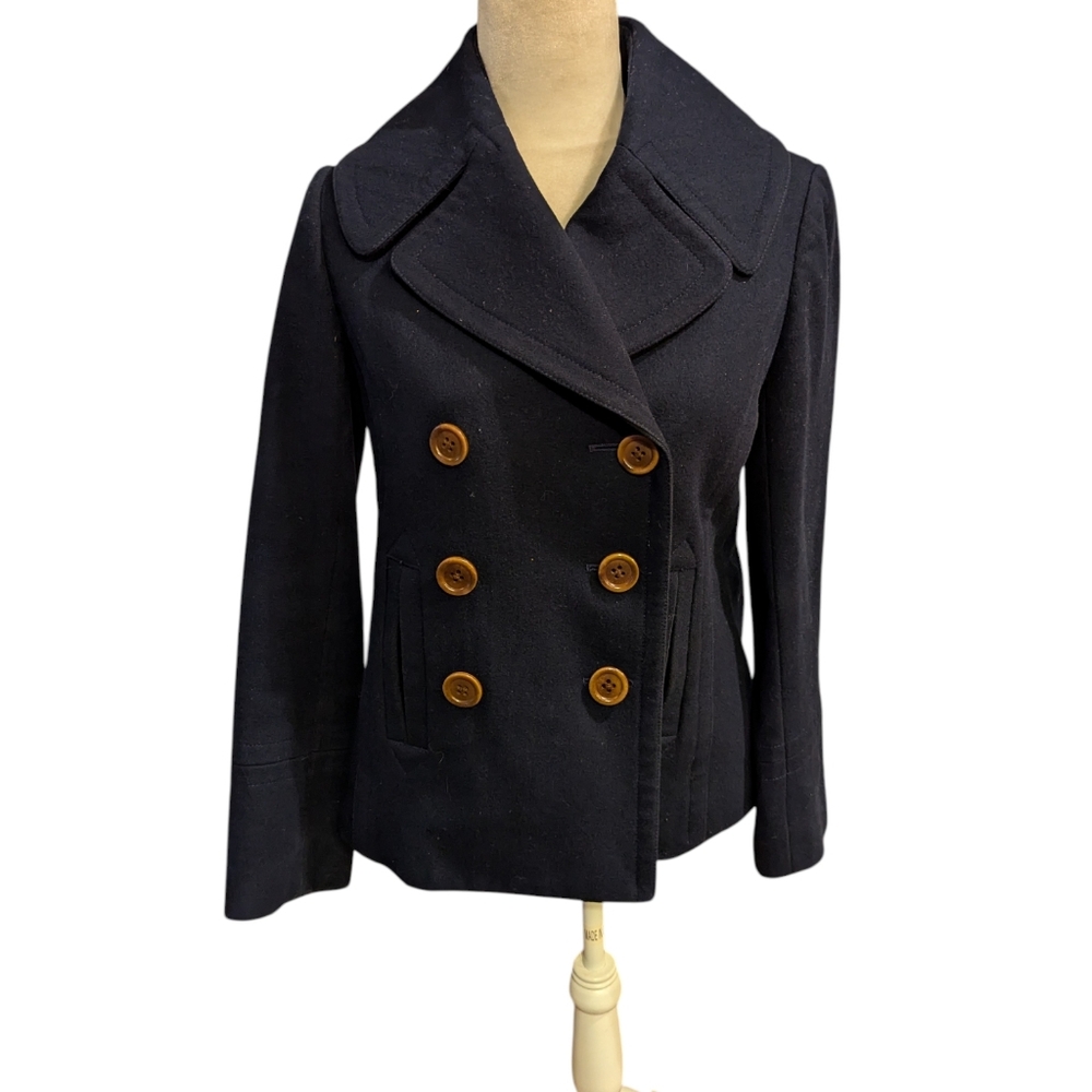 J. Crew Navy Peacoat Wool Blend Classic preppy Fisherman Double Breasted Sz S - Picture 7 of 10